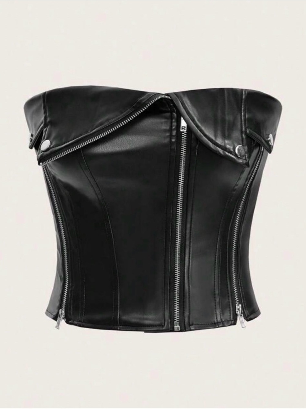 SHEIN Black Strapless Faux Leather Corset with Silver Zips